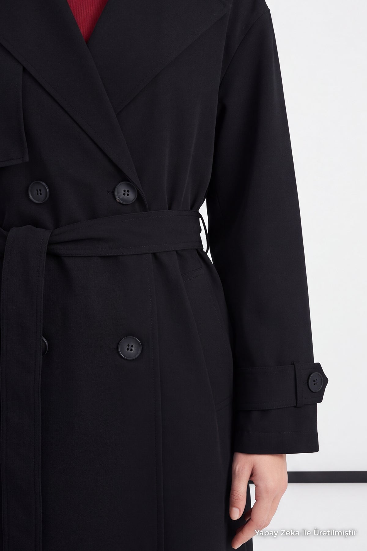Çift Sıra Düğmeli Oversize Siyah Trençkot 14238