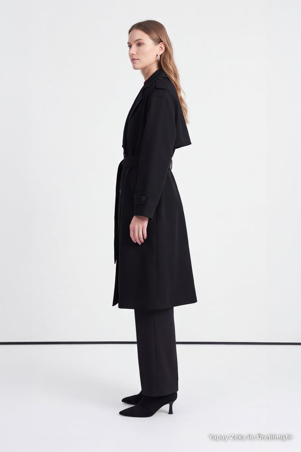 Çift Sıra Düğmeli Oversize Siyah Trençkot 14238