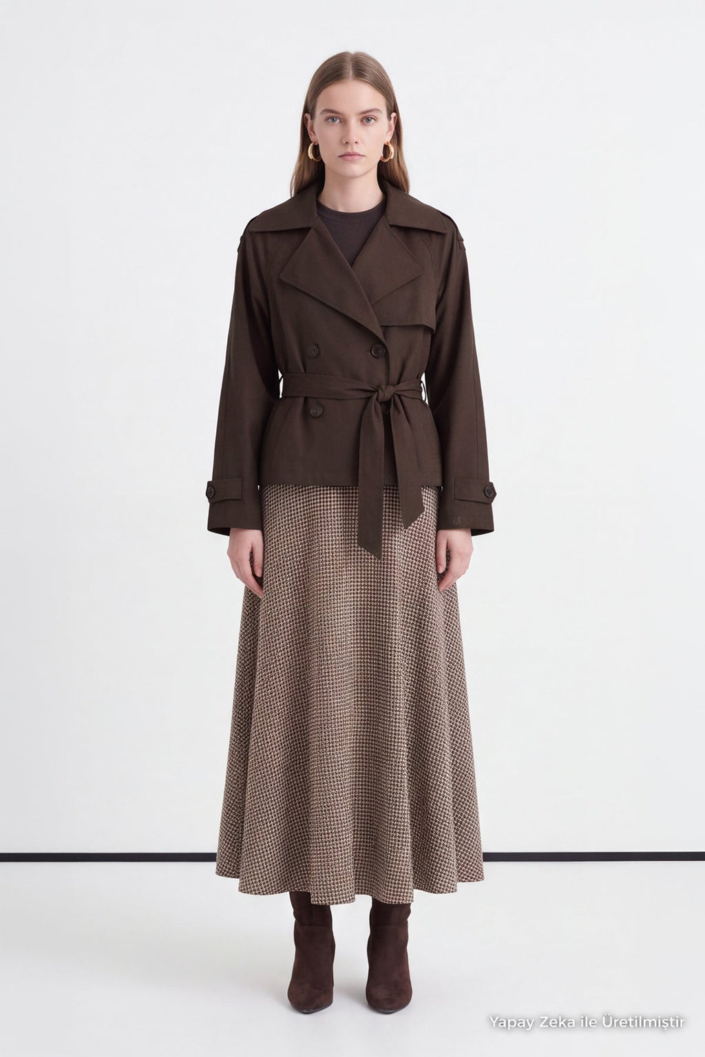 Omuz Apoletli Kısa Kahve Trençkot 14265