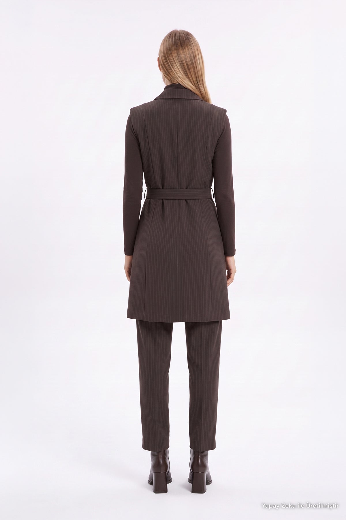 Kemerli Çizgili İçlikli Üçlü Kombin Kahve Takım 1990