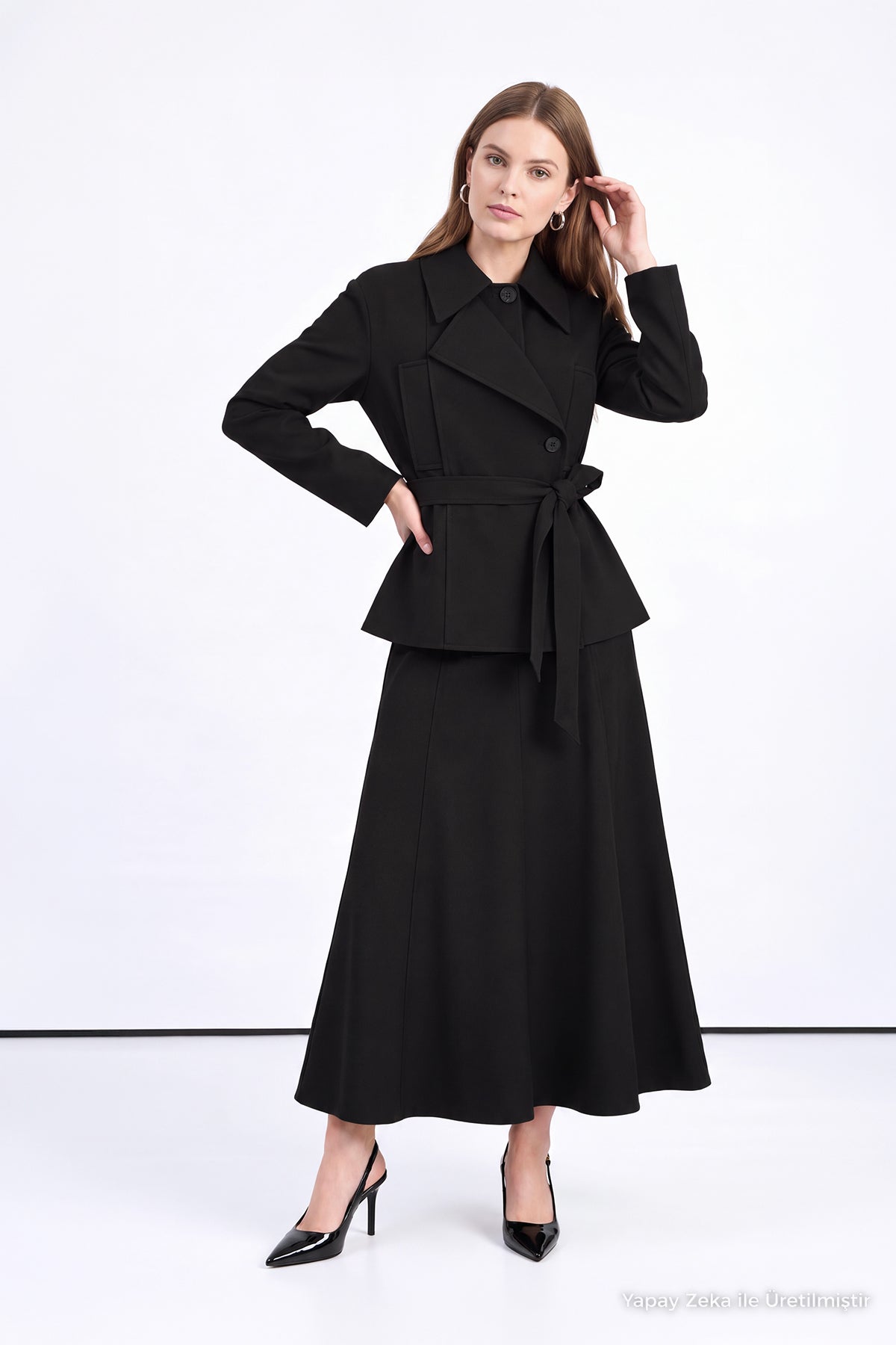 Kuşaklı Asimetrik Kapamalı Siyah Takım 2051