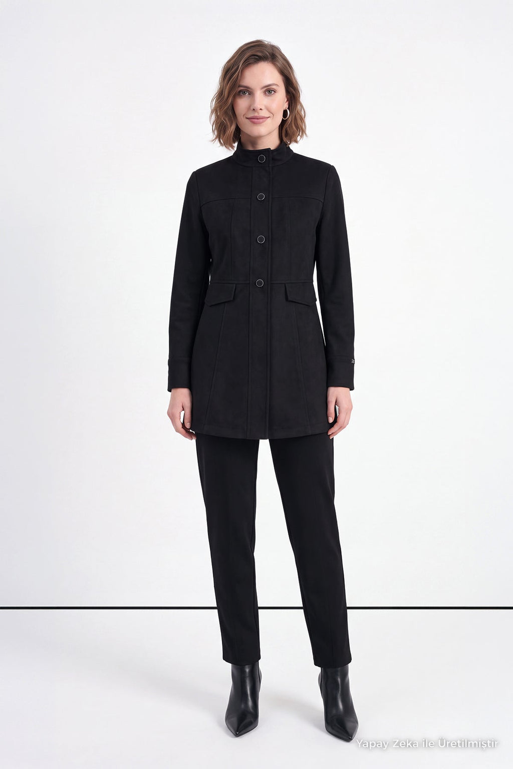 Kapaklı Cep Detaylı Dik Yaka Siyah Takım 2091