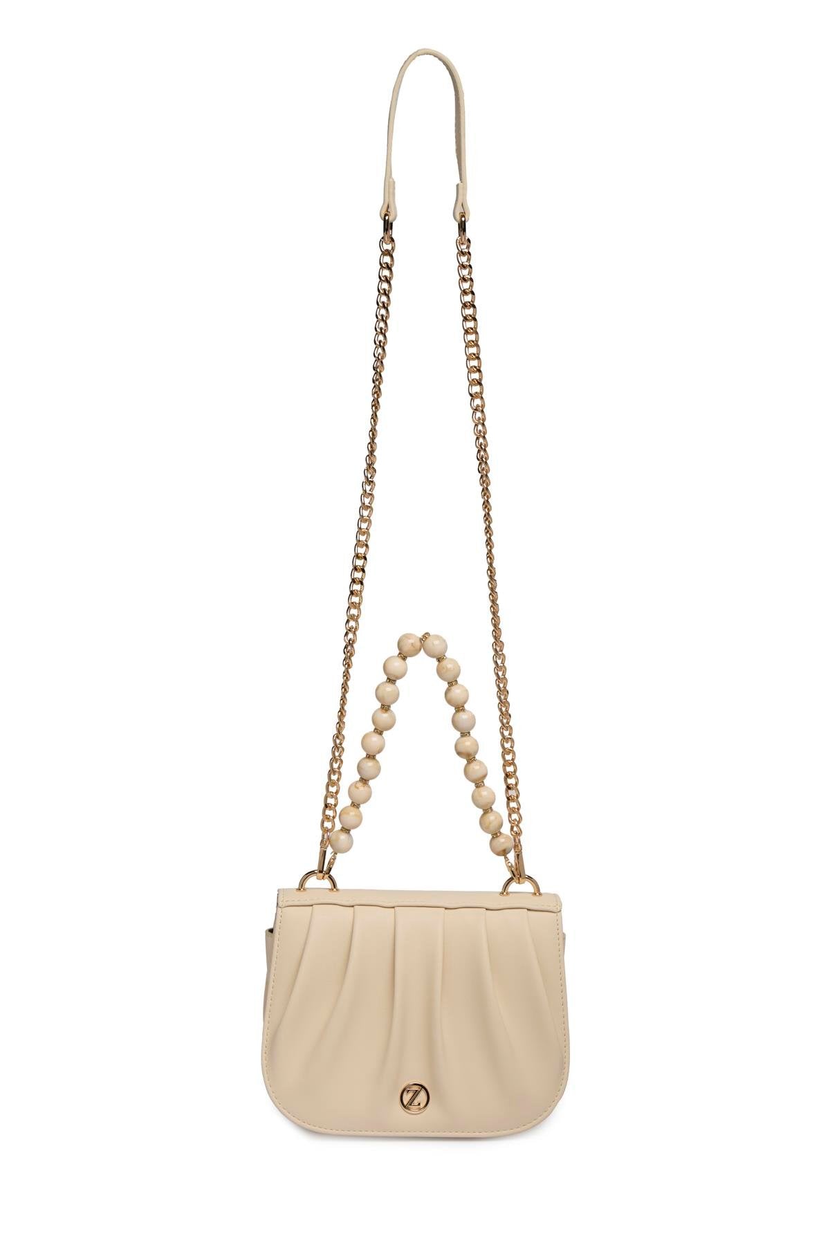 Zincir Askılı Boncuk Detaylı El Ve Omuz Sı Bej Çanta 0030