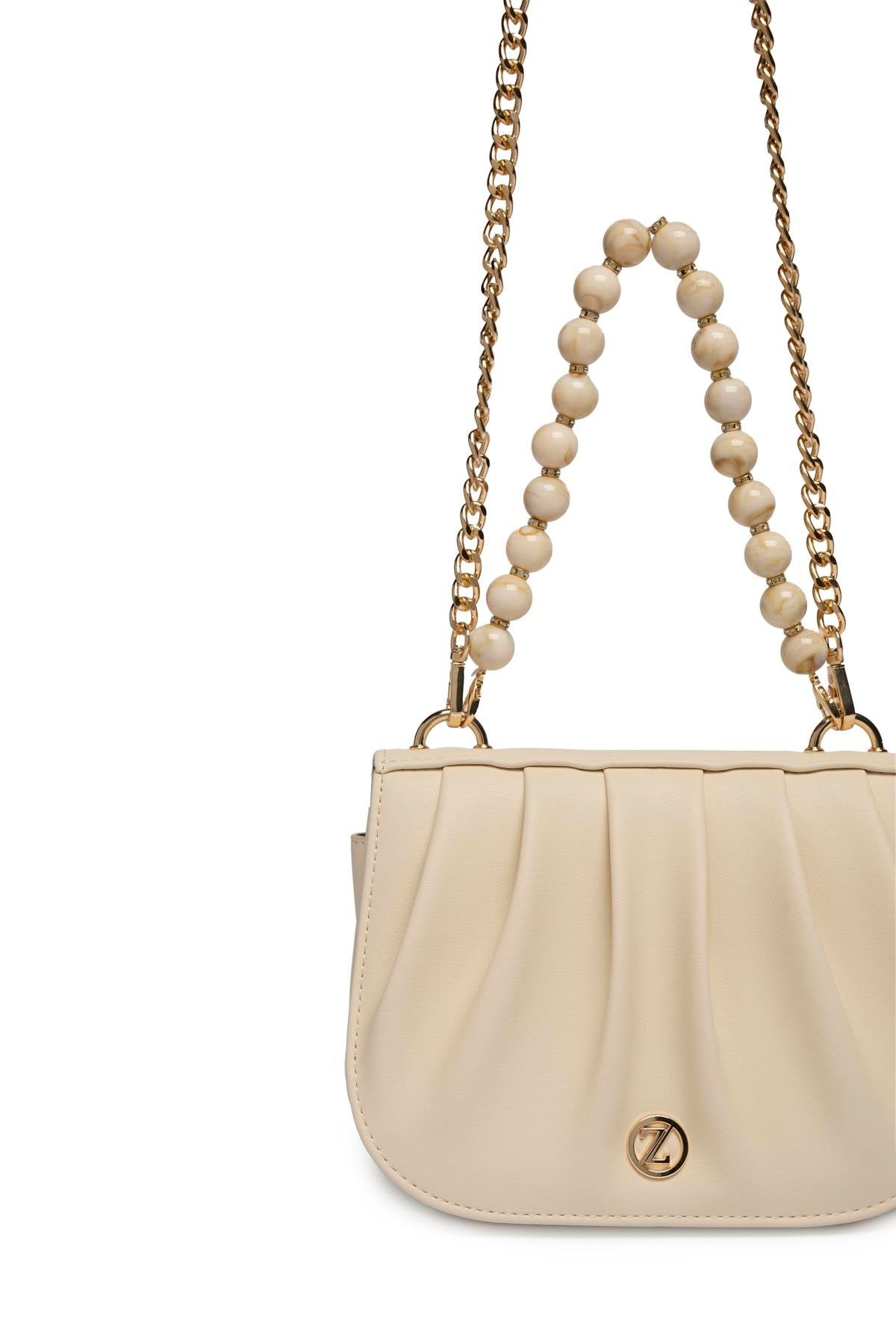 Zincir Askılı Boncuk Detaylı El Ve Omuz Sı Bej Çanta 0030