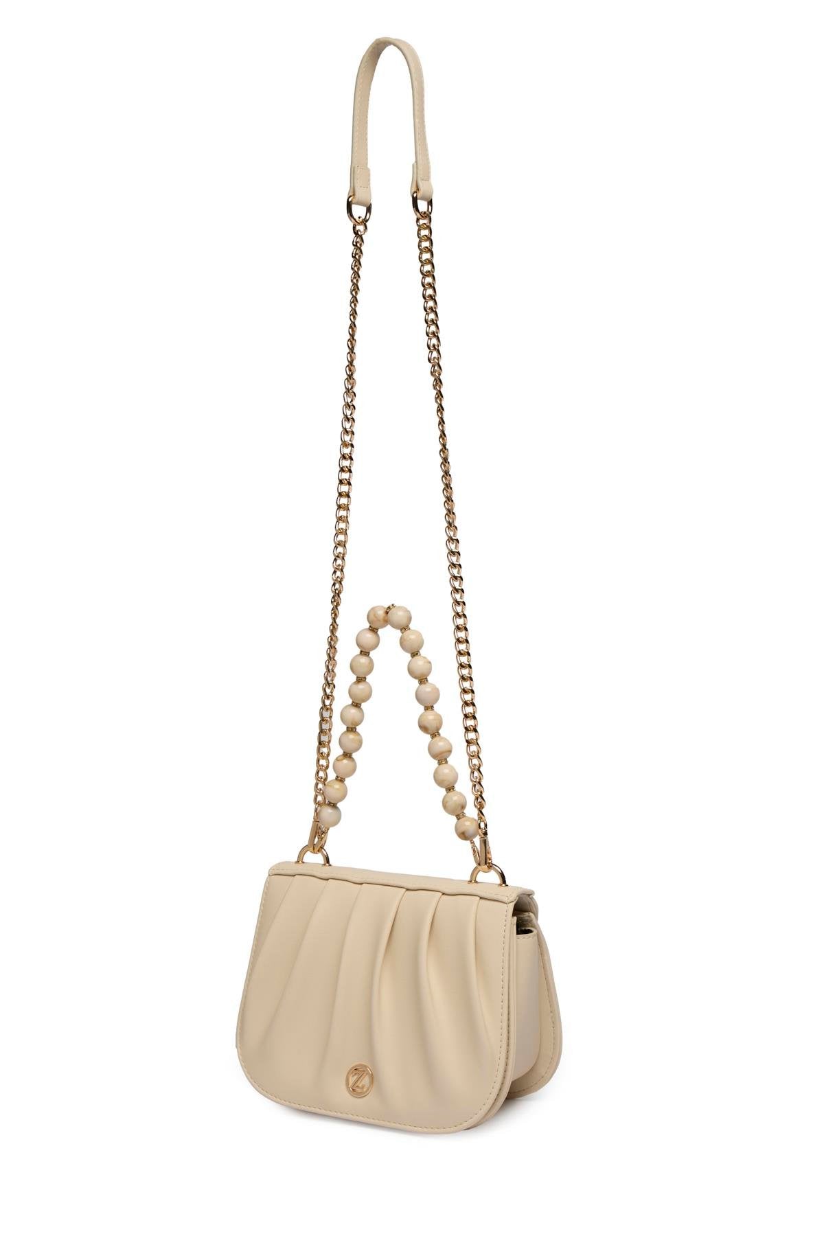 Zincir Askılı Boncuk Detaylı El Ve Omuz Sı Bej Çanta 0030
