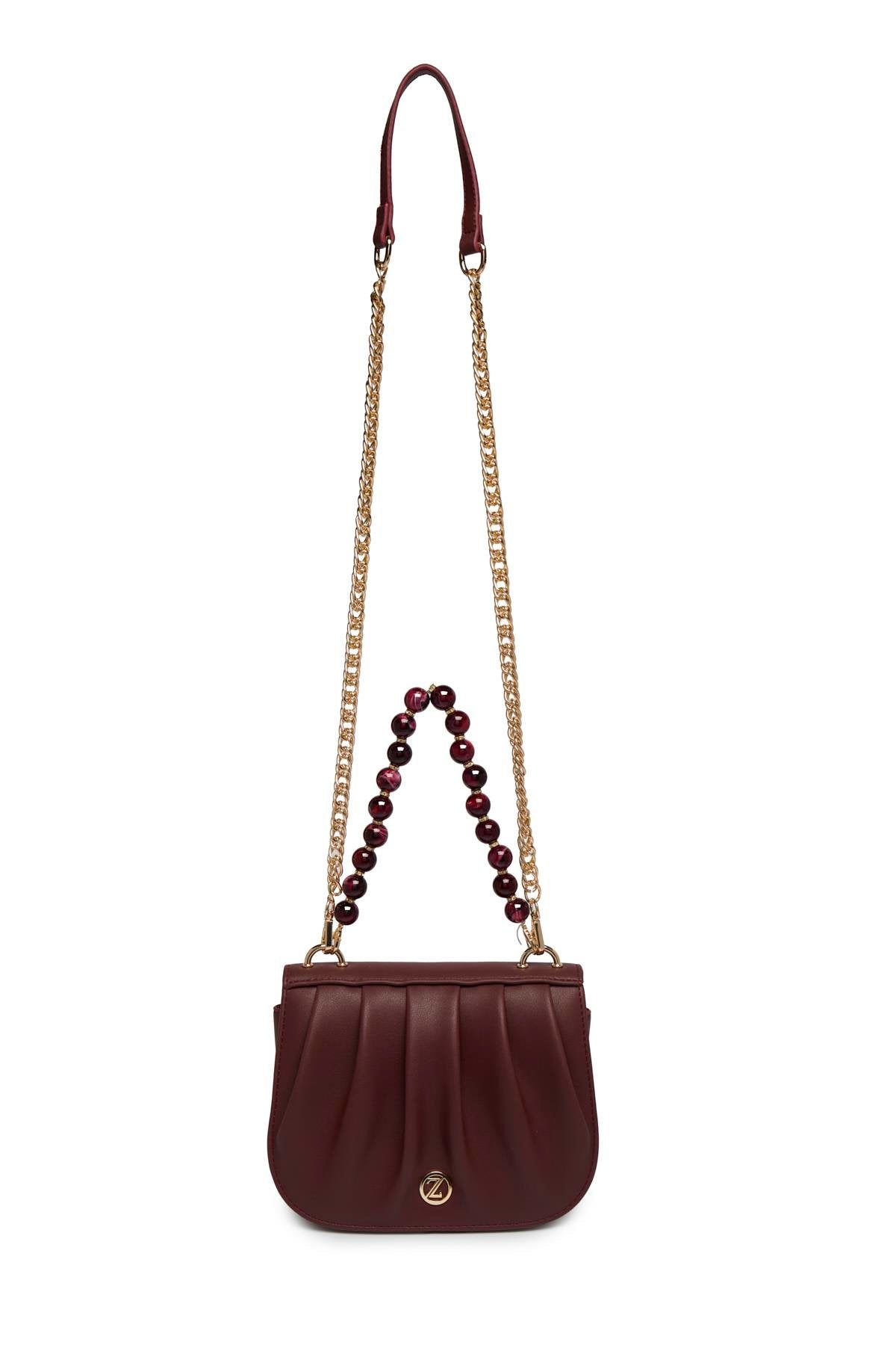 Zincir Askılı Boncuk Detaylı El Ve Omuz Sı Bordo Çanta 0030