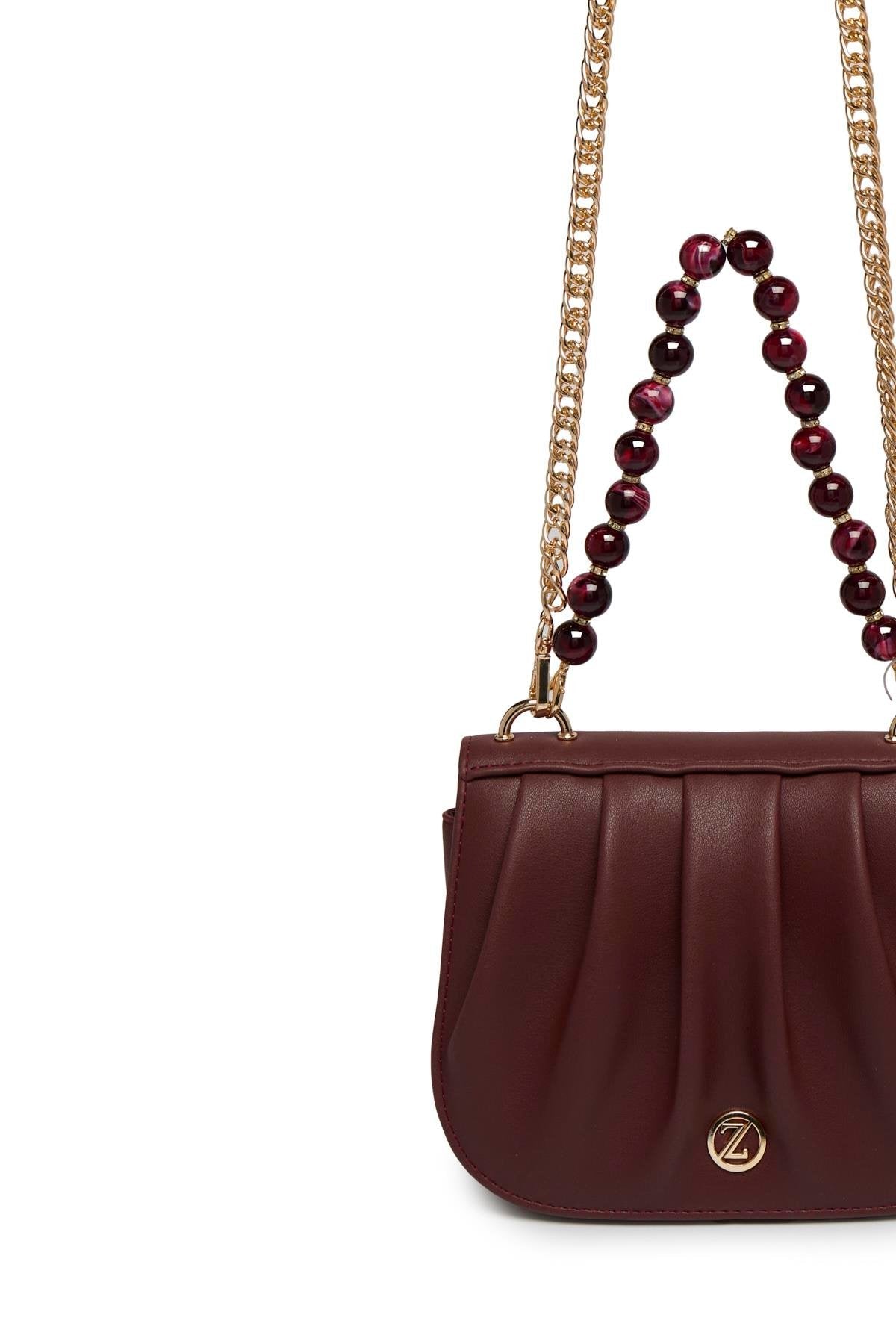 Zincir Askılı Boncuk Detaylı El Ve Omuz Sı Bordo Çanta 0030