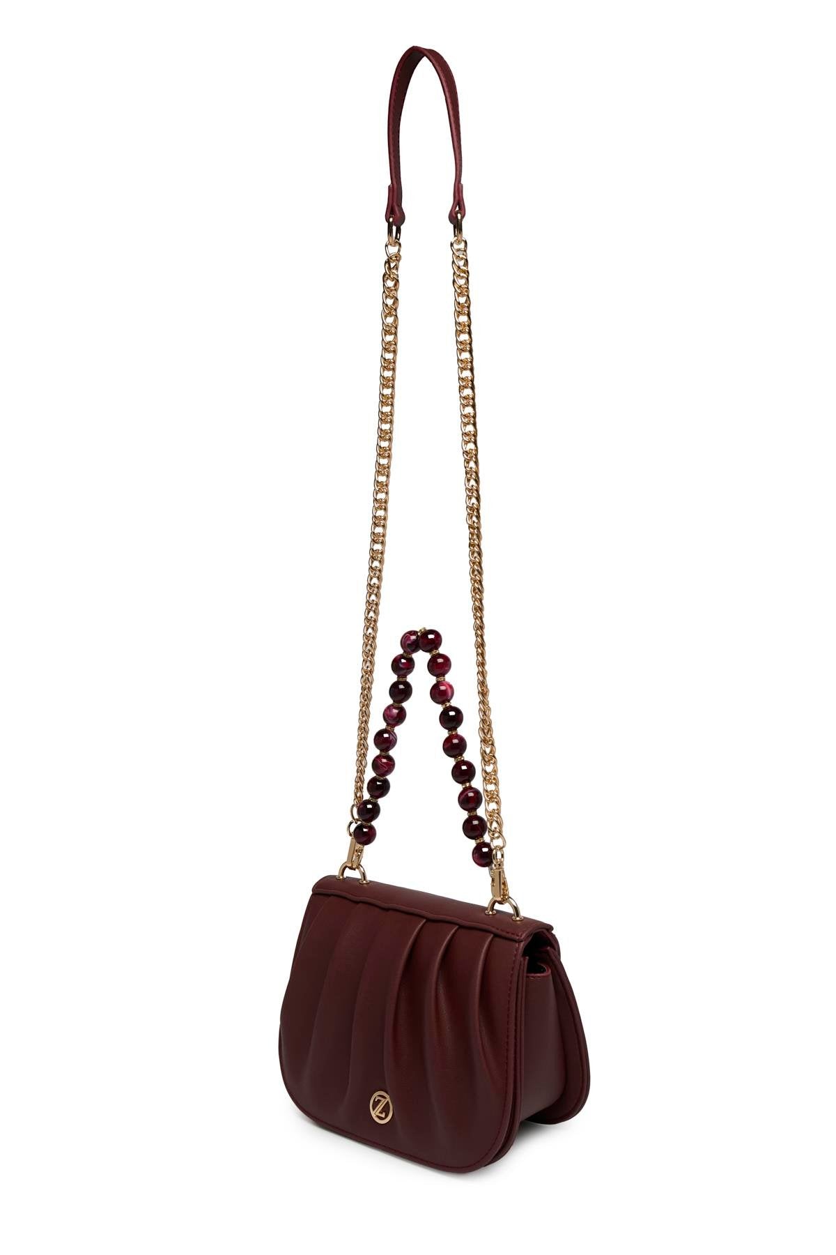 Zincir Askılı Boncuk Detaylı El Ve Omuz Sı Bordo Çanta 0030
