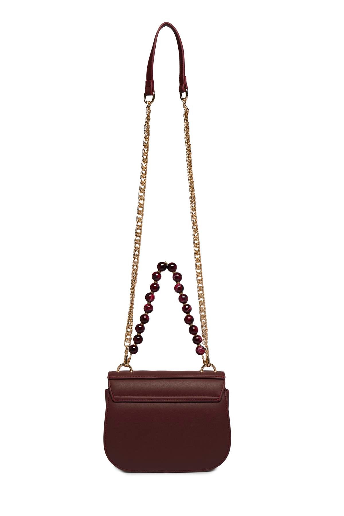 Zincir Askılı Boncuk Detaylı El Ve Omuz Sı Bordo Çanta 0030