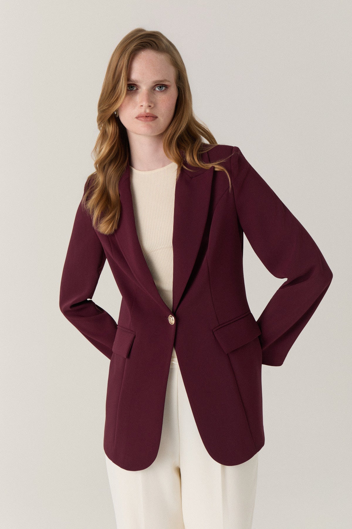 Kruvaze Yaka Tek Düğmeli Blazer Bordo Ceket 0070