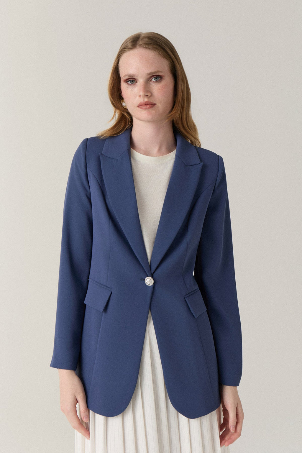 Kruvaze Yaka Tek Düğmeli Blazer Indigo Ceket 0070