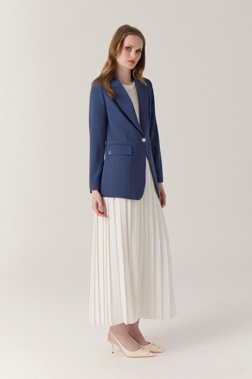 Kruvaze Yaka Tek Düğmeli Blazer Indigo Ceket 0070