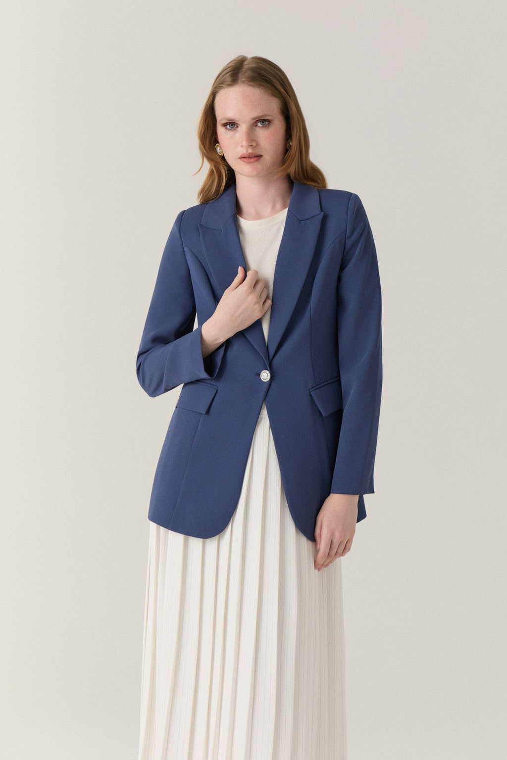 Kruvaze Yaka Tek Düğmeli Blazer Indigo Ceket 0070