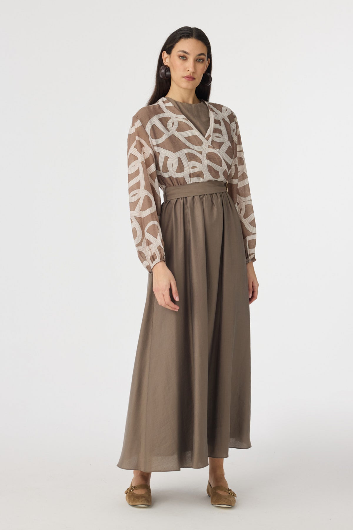 E-0573 ELYRA ELBİSE 38-44 Kahve Elbise 0573