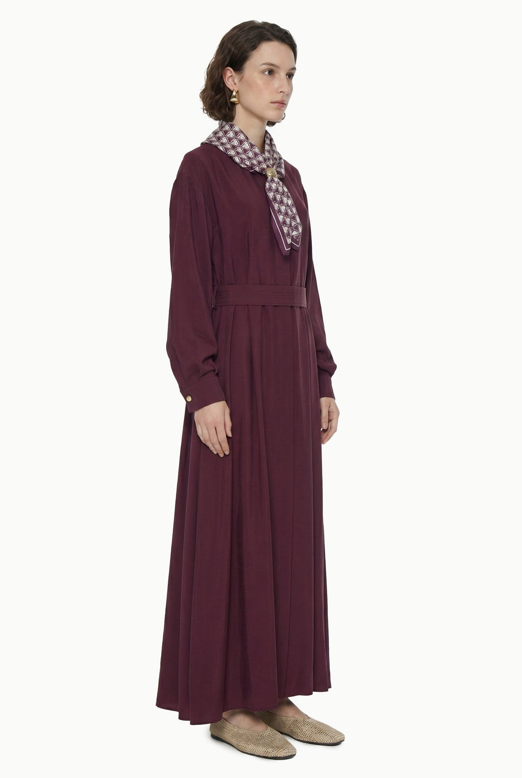 Kuşaklı Şal Detaylı Akışkan Bordo Elbise 0579