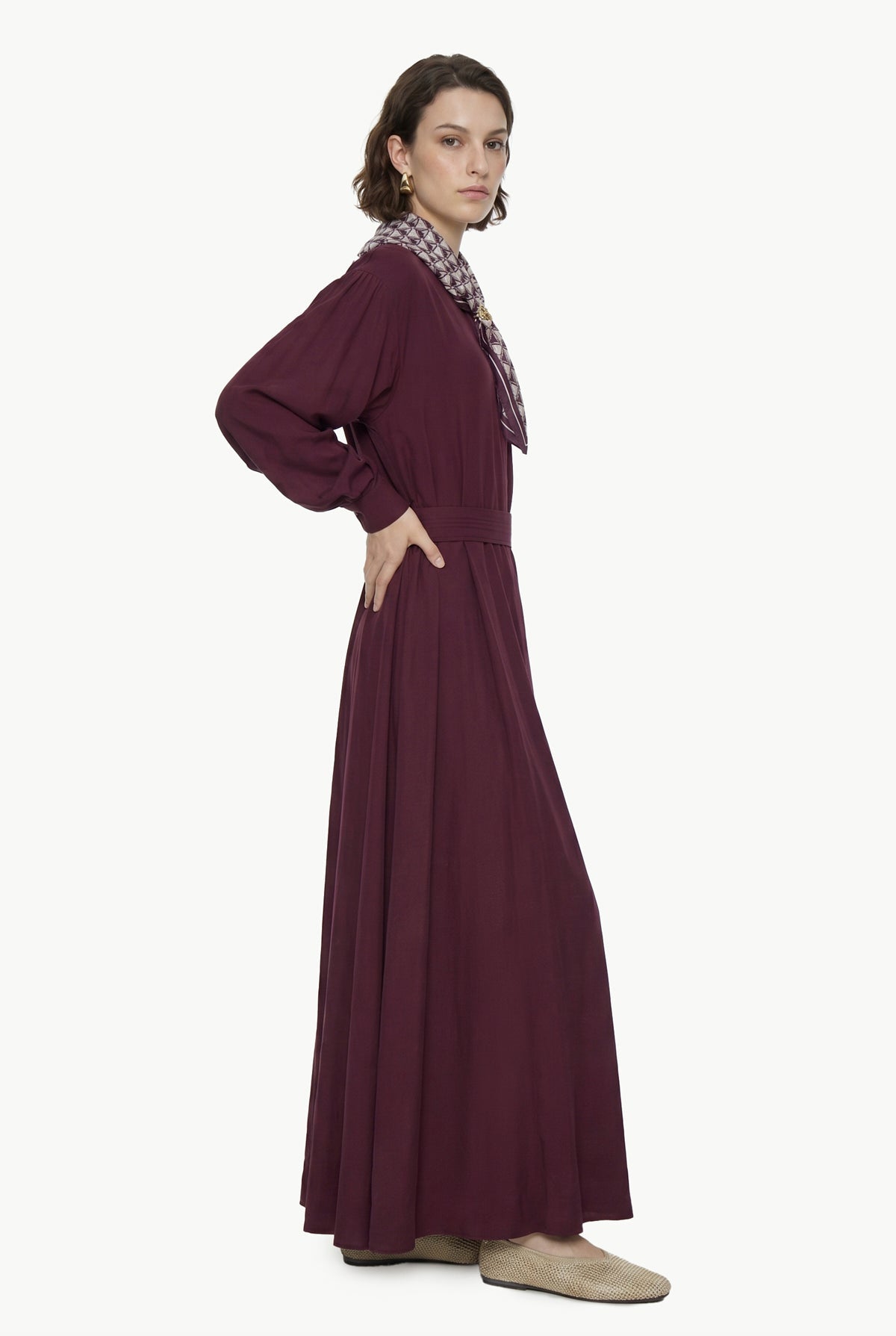Kuşaklı Şal Detaylı Akışkan Bordo Elbise 0579