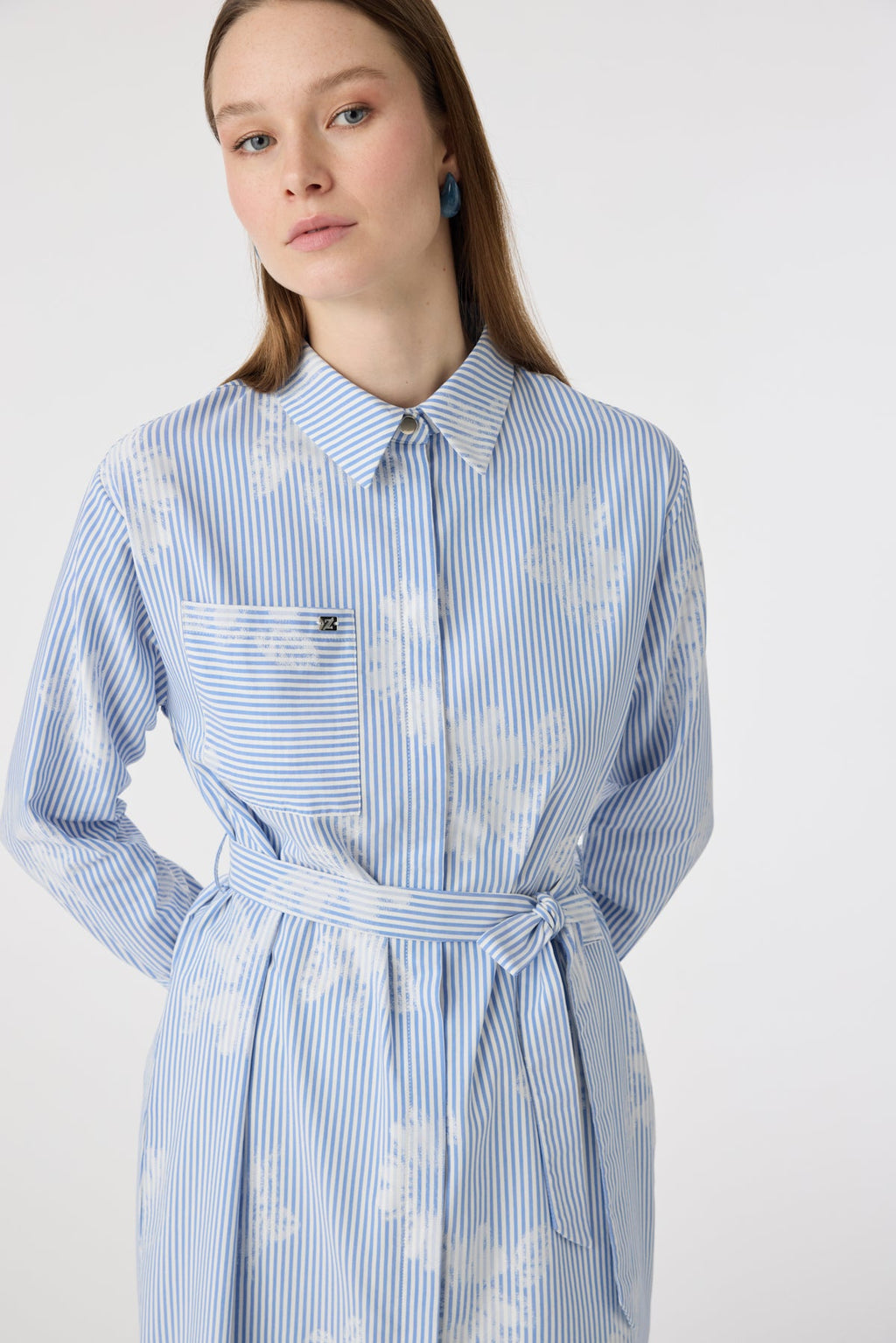 Çizgi Desenli Kemerli Gömlek Elbise Mavi Tunik 1616