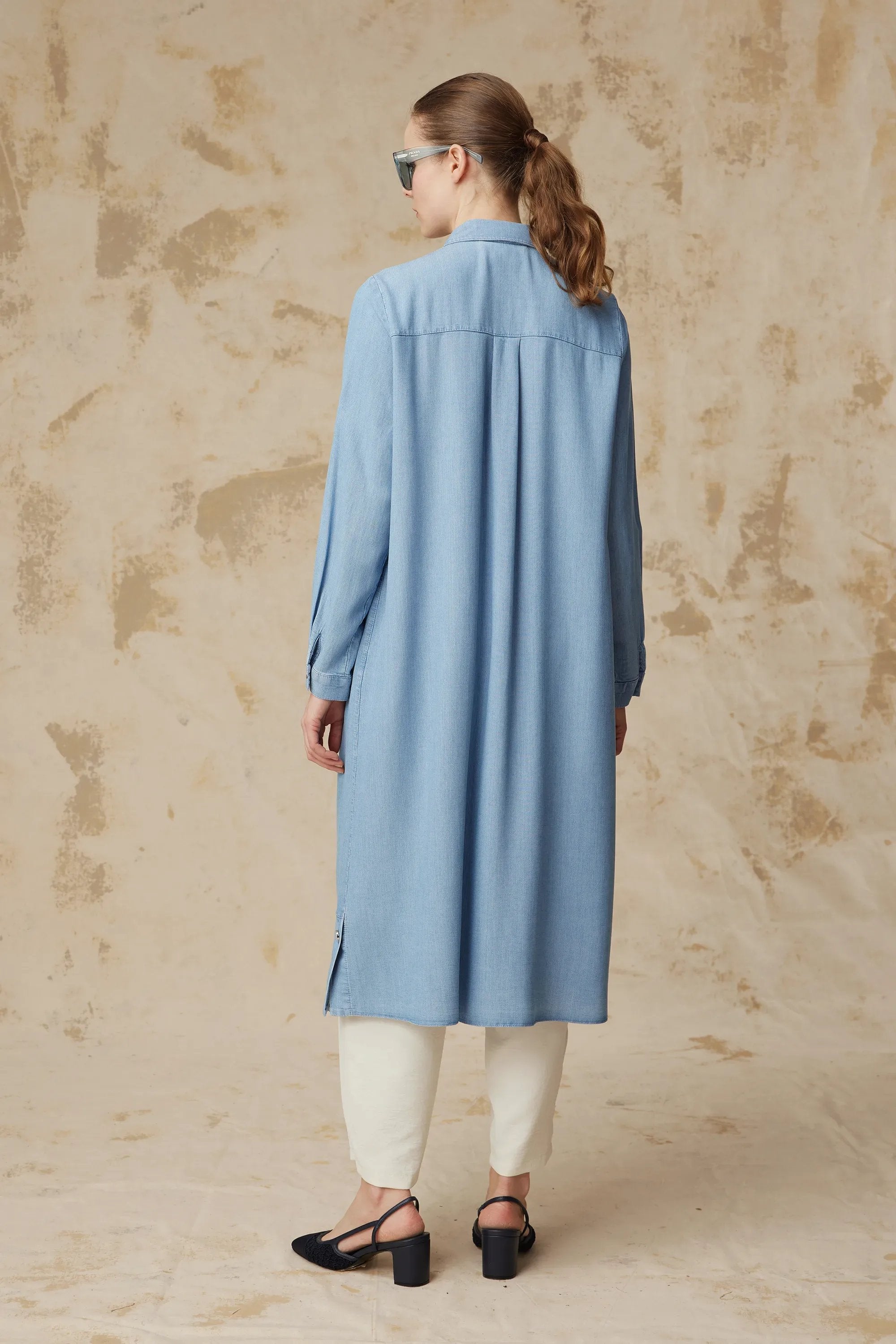 Minimal Cepli Uzun Kesim Klasik Yaka Mavi Tunik 1626