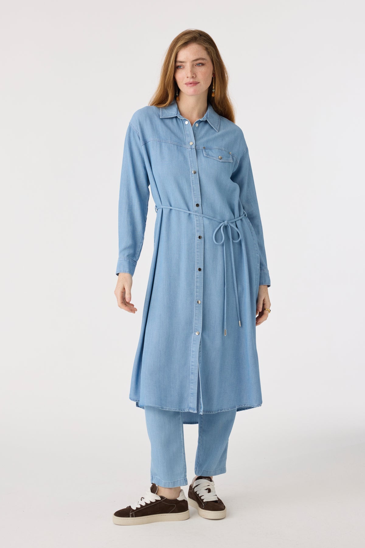 Kuşaklı Cep Detaylı Uzun Form Mavi Tunik 1639