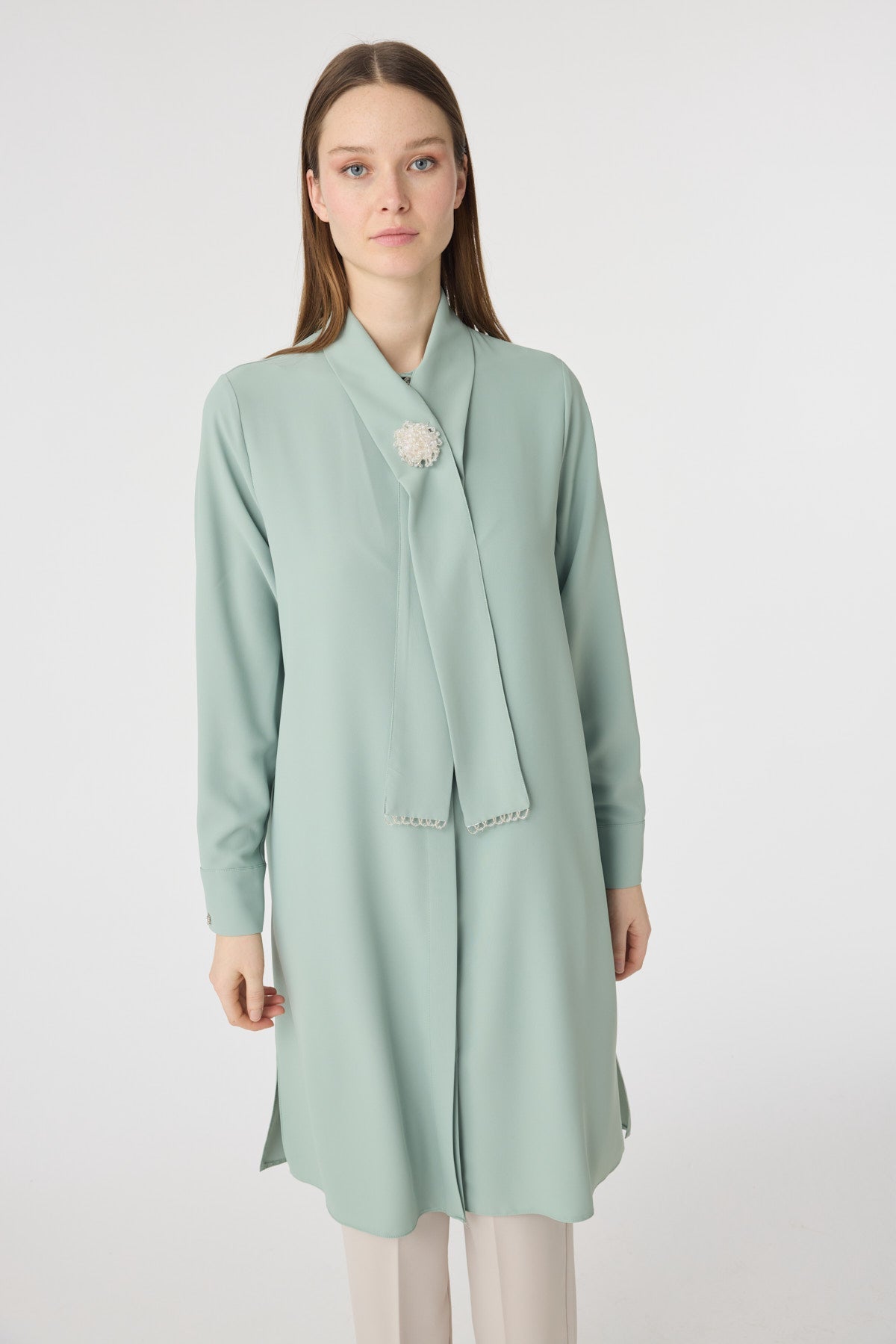 İnci Detaylı Şal Yaka Ekru Tunik Mint Tunik 1672