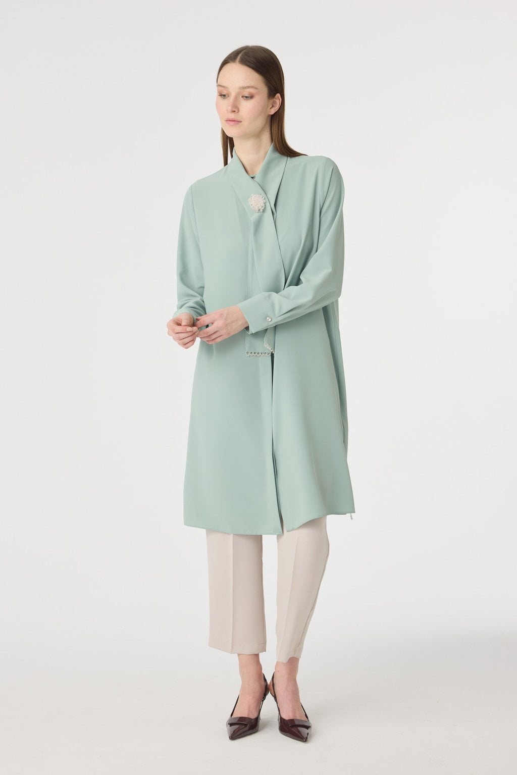 İnci Detaylı Şal Yaka Ekru Tunik Mint Tunik 1672