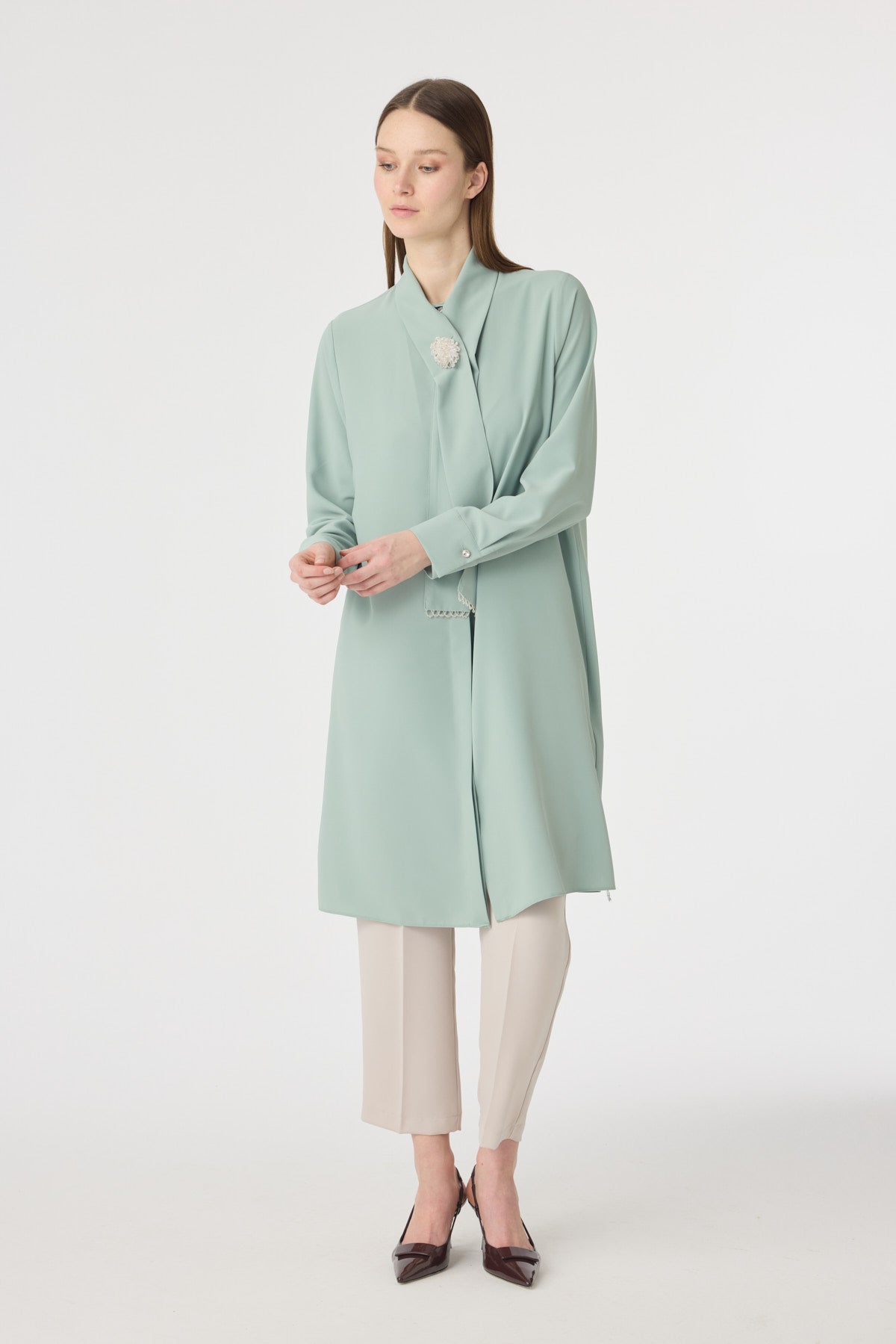 İnci Detaylı Şal Yaka Ekru Tunik Mint Tunik 1672