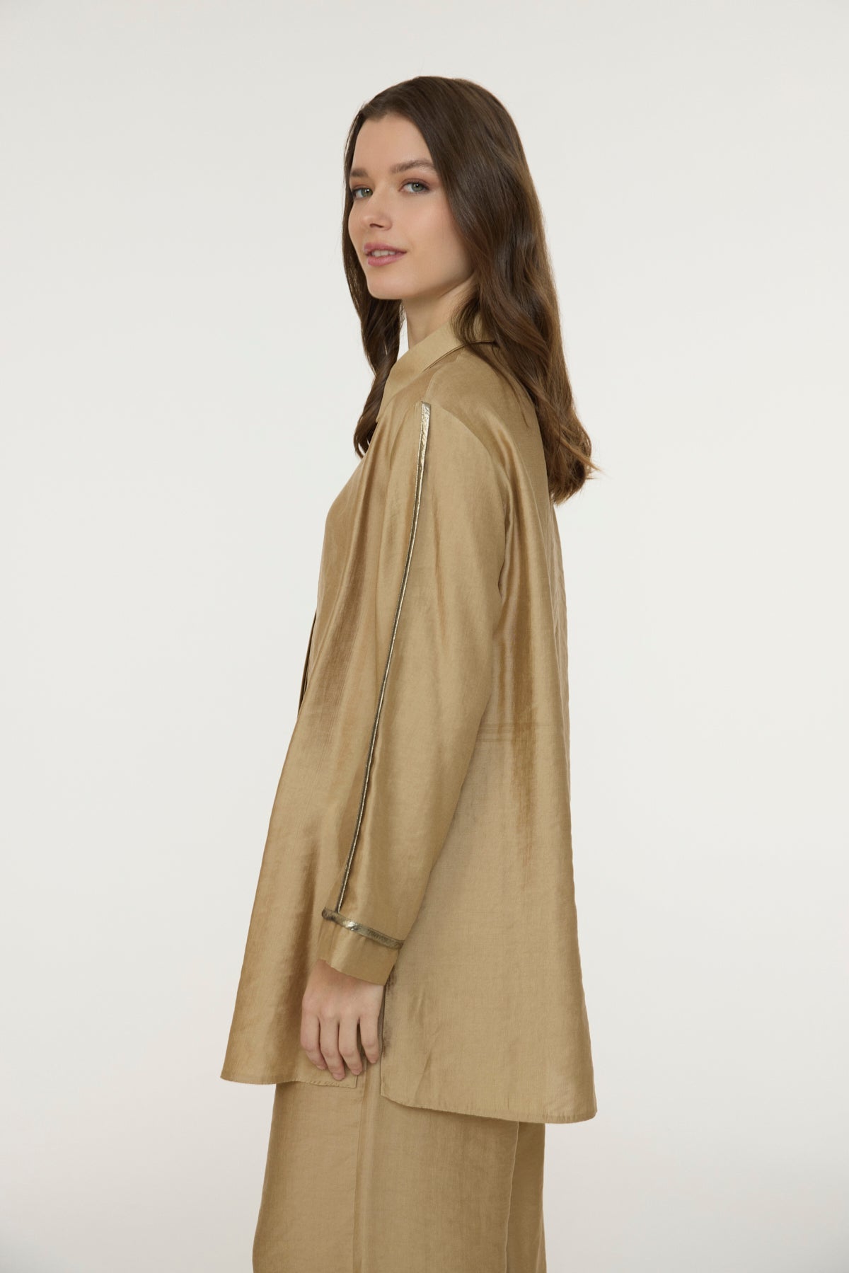 Yakalı Metalik Detaylı Akışkan Camel Takım 1814