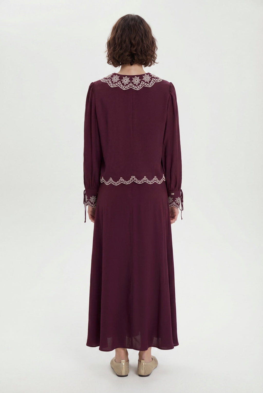 Nakış Detaylı Yuvarlak Yaka Bordo Takım 1844