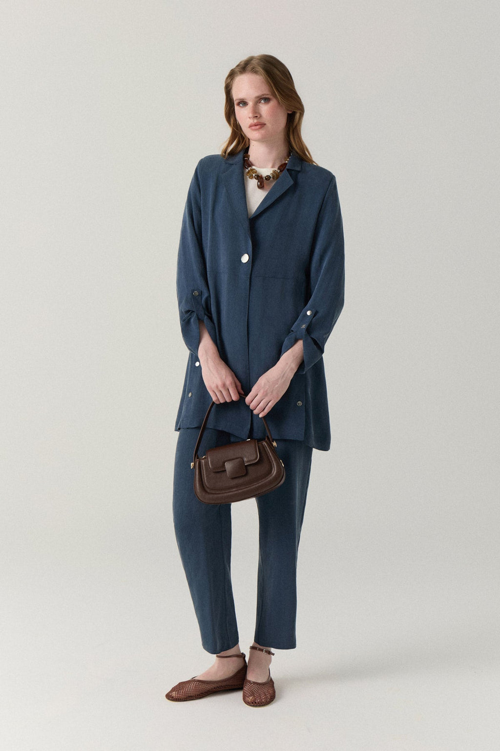 Kruvaze Yaka Akışkan Dokulu Minimal Indigo Takım 1909