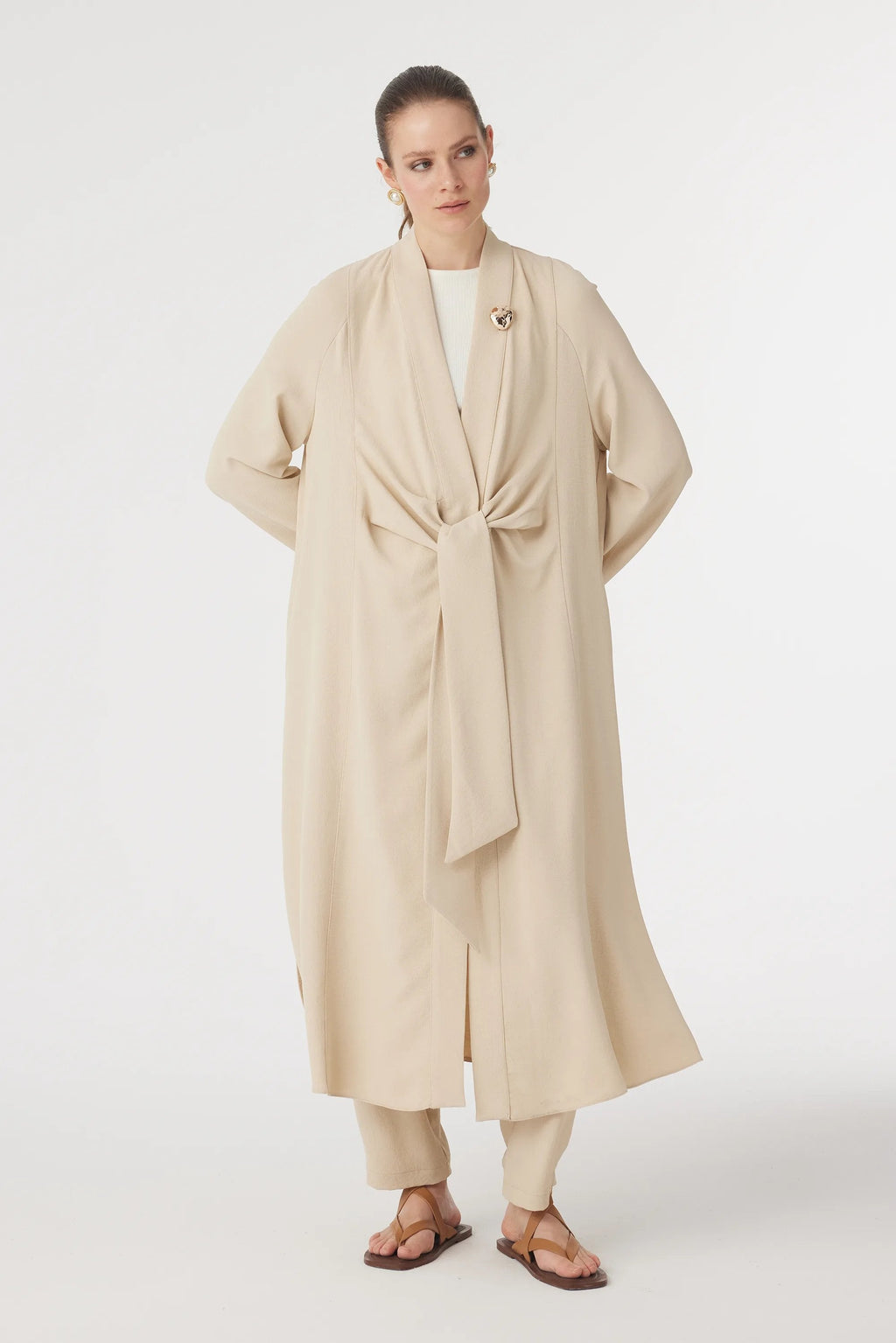 Drape Detaylı Şal Yaka Bej Takım 1912