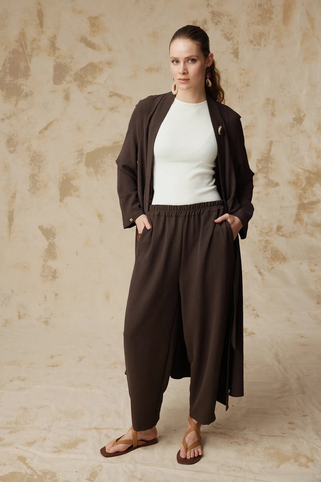Drape Detaylı Şal Yaka Kahve Takım 1912