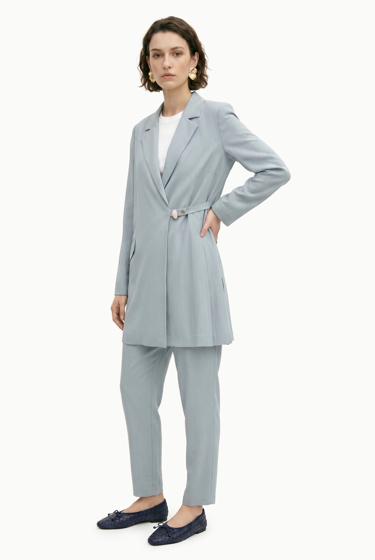 Blazer Yaka Aksesuar Detaylı Takım Gri/mavi Takım 1952