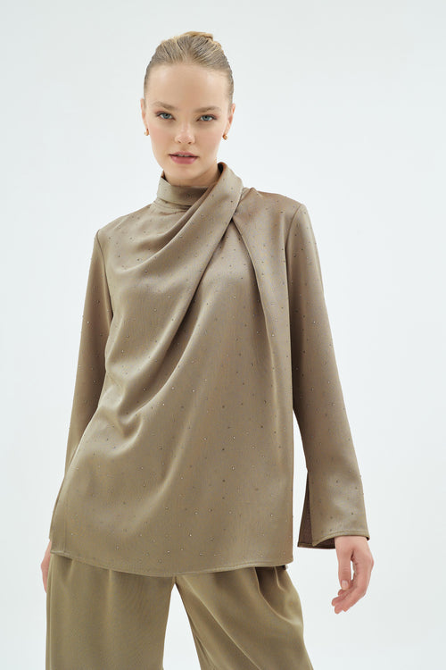 20005 Cristalle Taşlı Bluz Camel